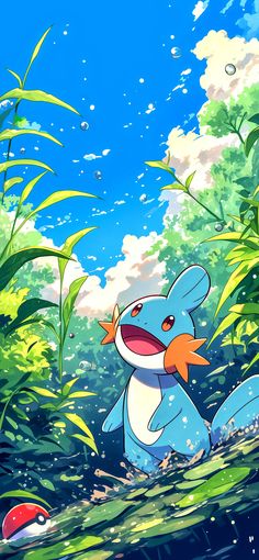 an animated pokemon character sitting on the ground in front of some plants and water with blue sky