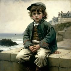a painting of a young boy sitting on a ledge near the ocean with his hands in his pockets