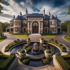 a large house with a fountain in front of it and lots of greenery around the perimeter