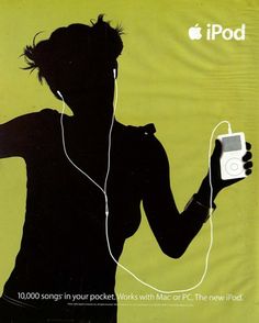 the silhouette of a woman with headphones is holding an ipod in her right hand