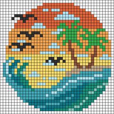 a cross stitch pattern with an island and palm trees