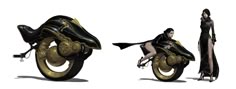 an artistic rendering of a woman on a motorcycle with gold rims and black dress