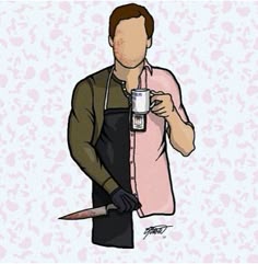 a drawing of a man holding a coffee cup and knife in his hand, with the caption's name on it