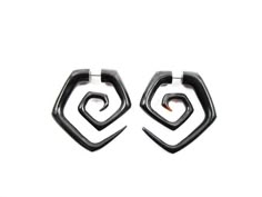 two black earrings on white background with clippings in the shape of spirals
