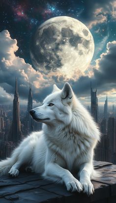 a white wolf sitting on top of a roof in front of a full moon and cityscape