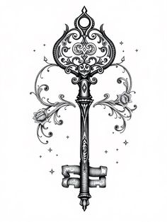 an ornate key with scroll and stars on it