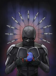 an illustration of a man with many syrings on his head and holding something in his hands