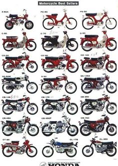 an advertisement for the honda motorcycle sales brochure, with many different motorcycles in red and white