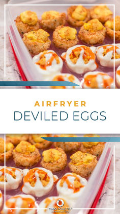 air fryer deviled eggs in a plastic container with the words air fryer deviled eggs