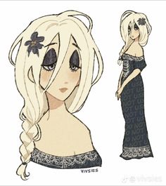 a drawing of a woman with long blonde hair wearing a black dress and flower in her hair