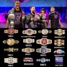 an image of the wwe wrestlers with their belts and names in front of a purple background