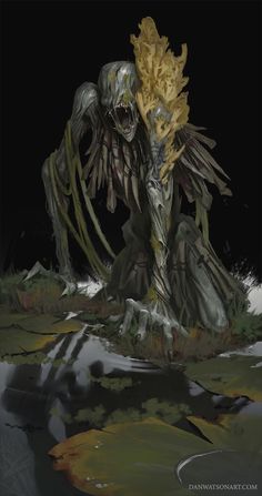 a demonic creature standing in the water with its mouth open and hands on his knees