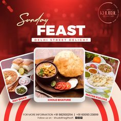 an advertisement for sanday feast, which features different types of food and drinks on the menu