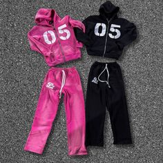 Matching black and pink tracksuit sets with zip-up hoodies featuring '05' print and jogger pants. Ideal for gym, running, sports, and casual streetwear for men and women."