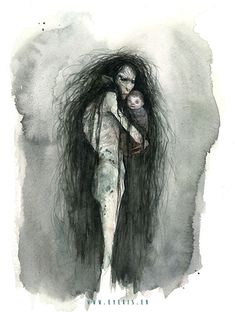 a drawing of a woman with long hair holding a baby in her arms and the words,