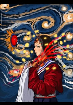 a painting of a woman holding a scarf in front of a starr background