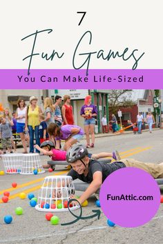 a person laying on the ground with an egg in front of them and text overlay that reads 7 fun games you can make life - sized