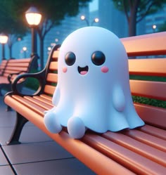 a white ghost sitting on top of a wooden bench
