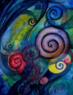 an abstract painting with swirls and colors