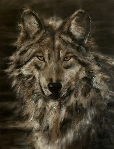 a painting of a wolf with yellow eyes