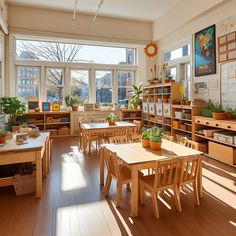 a room filled with lots of wooden tables and chairs next to large windows covered in plants