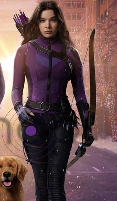 an image of a woman with a bow and arrow in her hand next to a dog