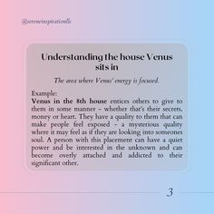 an image of a text description for the house venus in english and spanish on a blue pink background