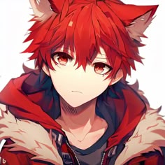 an anime character with red hair wearing a hoodie and cat ears on his head