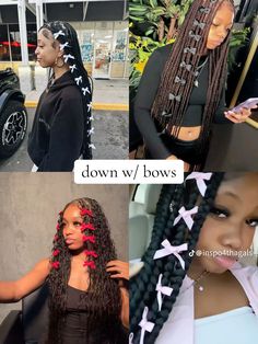 Box Braids With Bows, Cute Braided Hairstyles Black Hair Weave, Way To Style Braids, Braid Hairstyles With Bows, Bow Braids Hairstyles, Braids Hairstyles With Bows, Bows For Braids, Knotless Hairstyles With Bows, Hairstyles For Braids Knotless