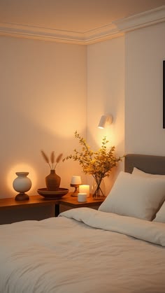 a bed with white sheets and pillows next to two vases filled with flowers on each side