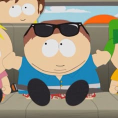 three people sitting in the back seat of a car with one person wearing sunglasses and the other holding an umbrella