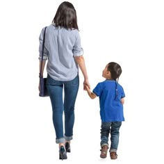 a woman holding the hand of a little boy who is wearing blue jeans and shoes