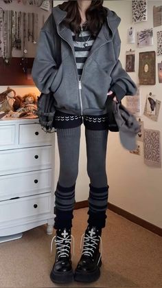 Nightcore Outfit Aesthetic, Nightcore Outfits, Cute Winter Outfits Alt, Gloomy Aesthetic Outfit, Warm Alt Outfits, Darkcore Outfits, Gray Grunge Outfit, Winter Outfits Emo, Alt Comfy Outfits