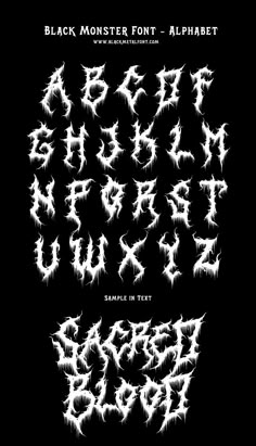 black monster font and alphabet with white splats