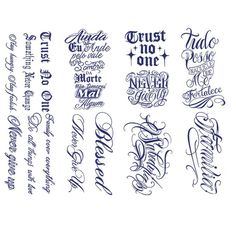 Express yourself with these edgy temporary tattoos!  Features 8 unique script designs with inspirational quotes. Perfect for events or self-expression. #temporarytattoos #scripttattoo #bodyart #tattoodesigns Latest Tattoo Designs, Different Lettering For Tattoos, Good Tattoo Fonts For Men, Tattoo Lettering Stencils, Best Lettering For Tattoos, Respect The Past Create The Future Tattoo Stencil, Cool Fonts For Tattoos For Men, Mens Tattoo Fonts Lettering, Best Tattoo Fonts For Men Words