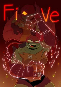 a cartoon character with an evil look on his face and arms, standing in front of a red background