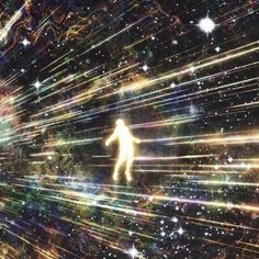 a man standing in the middle of an abstract space filled with stars and light beams