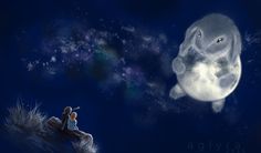 two people are sitting on a rock looking at the moon