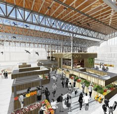 an artist's rendering of a food court with people walking around and looking at it