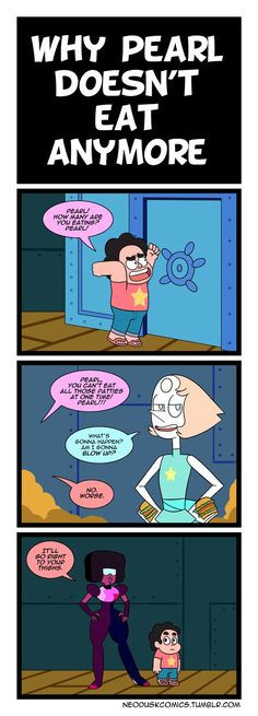 a comic strip with the words why pearl doesn't eat any more on it