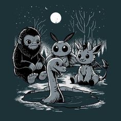 three animals sitting on top of a puddle in the middle of a forest at night