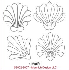 four different seashells in black and white, each with the number 4 on it