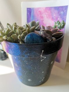 a potted plant sitting on top of a table next to a card and some pictures