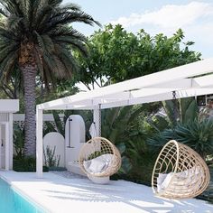 an outdoor pool with hammock chairs and palm trees