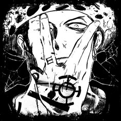 a black and white drawing of a man's face with his hands in the air