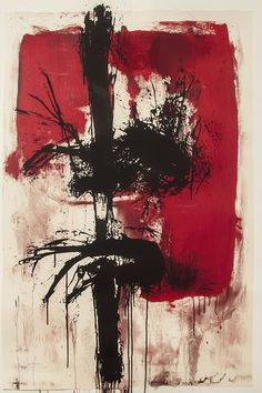 an abstract painting with black and red colors