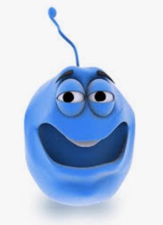 a blue cartoon character with big eyes and a smile on it's face, looking at the camera