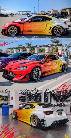 three different colored cars parked next to each other