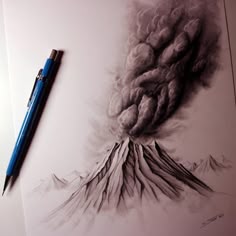 Realistic Volcano Drawing, Mountain Volcano Drawing, Volcano Eruption With Lava Spewing, Detailed Volcano Art, Detailed Volcano Drawing, Volcano Eruption Sketch, Detailed Volcano Sketch, Volcano Eruption Tattoo, Volcano Sketch