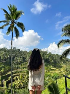 a woman standing in front of palm trees looking at the rice fields and jungles